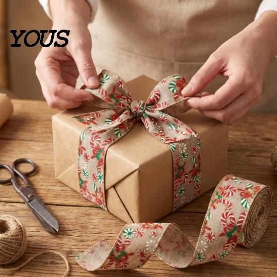 Snowman Pattern Fabric Ribbon 1 Roll Christmas Burlap Ribbon, Faux Linen Wired with Rustic Plaid Truck Floral Print, Gift Wrapping Craft