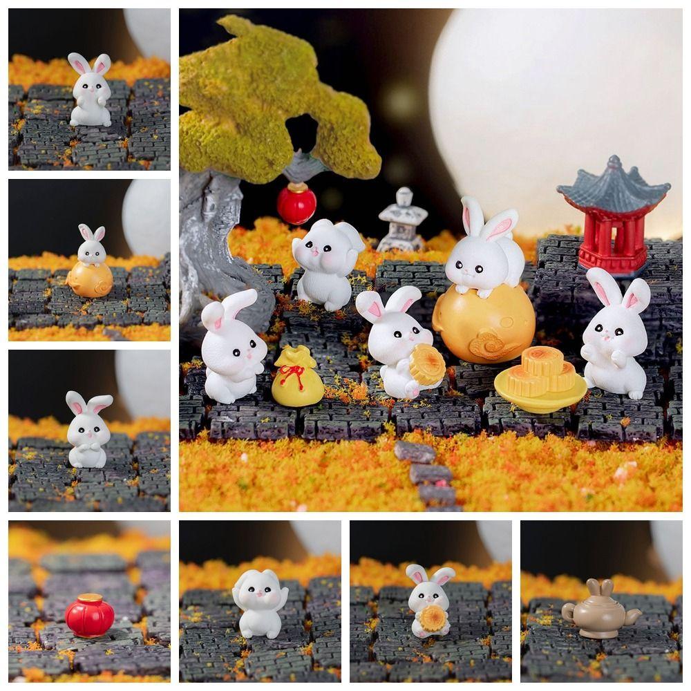 Cartoon Bunny Ornaments Micro Landscape Moon Cake Model Cute Rabbit Figurines Kids Gift