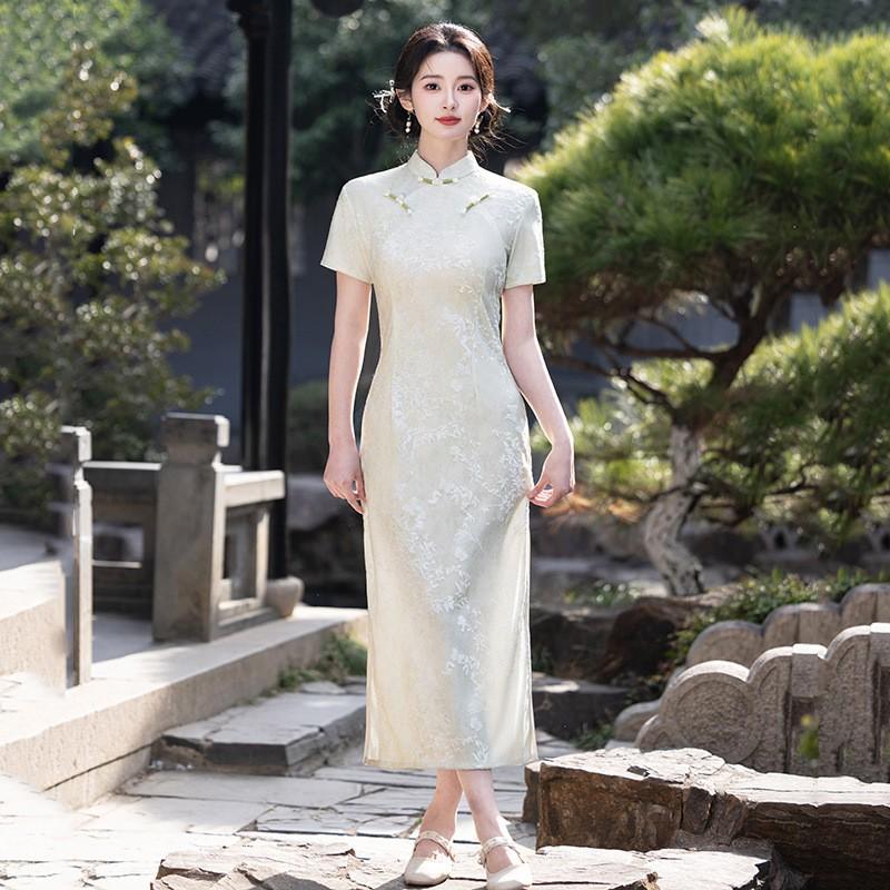 Womens Modern Chinese-Inspired Long Cheongsam Dress With Double Placket Stand Collar Short Sleeve 2026 Small