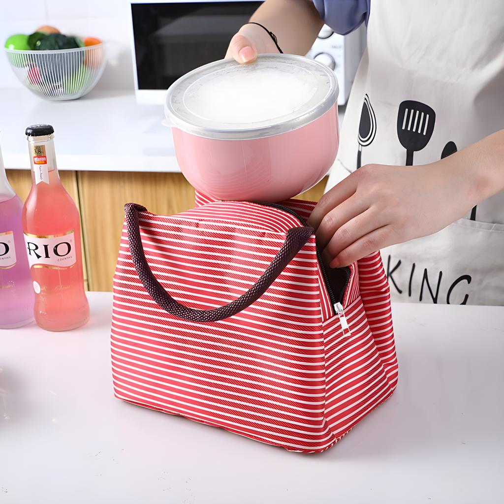 Stripe Lunch Bag Cooler Foldable Lunch Tote Bag, Reusable Lunch Holder Insulated Container Picnic Bag for Men Women