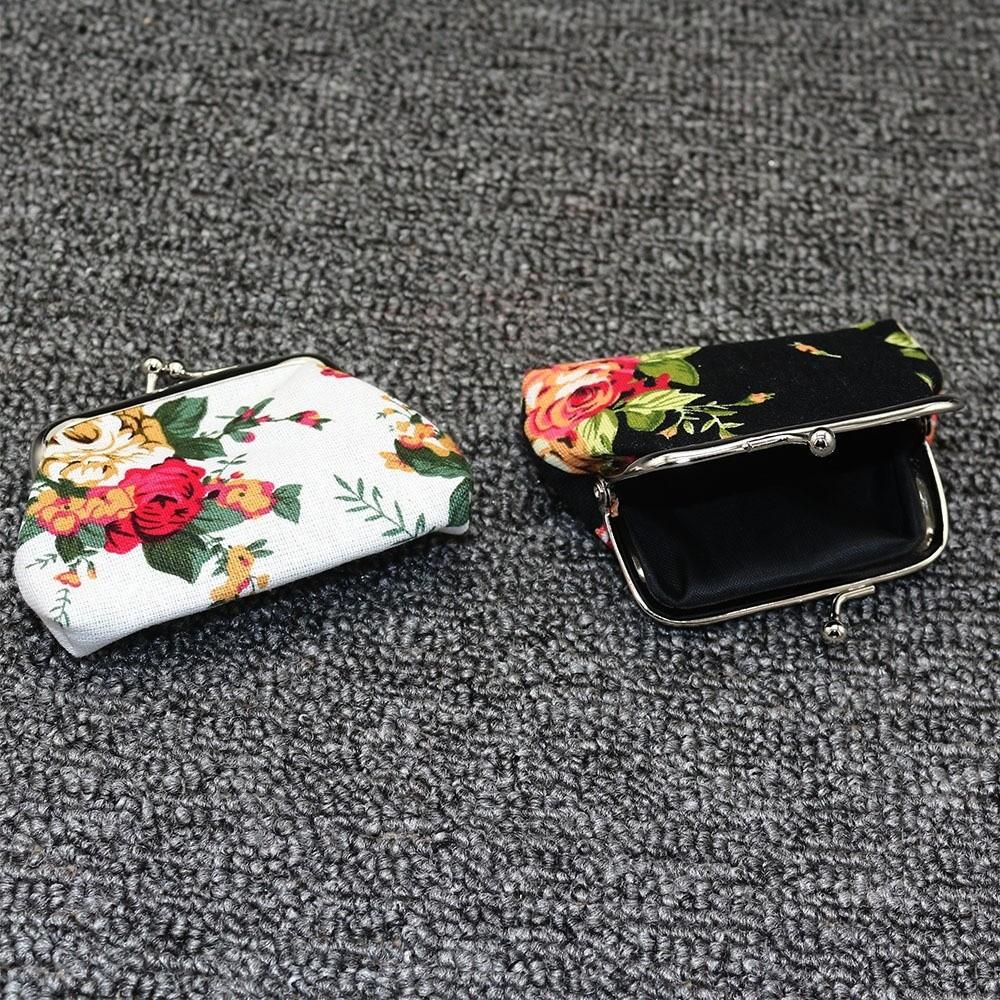 Portable Mini Coin Purse Canvas Rose Floral Print Clutch Wallet Metal Hasp Credit Card Holder for Women