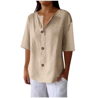 Summer Loose T-shirt Women's V-neck Cotton and Linen Button Top