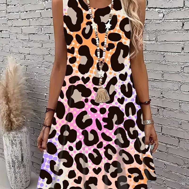Women's leopard print A-line dress with sleeveless design, perfect for casual