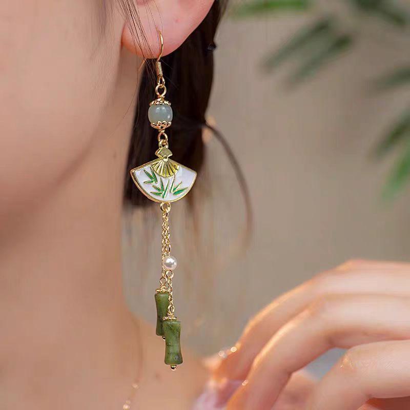 Design New Chinese Style Folding Fan Earrings, Ancient Hanfu Cheongsam Bamboo Earrings Earrings Women