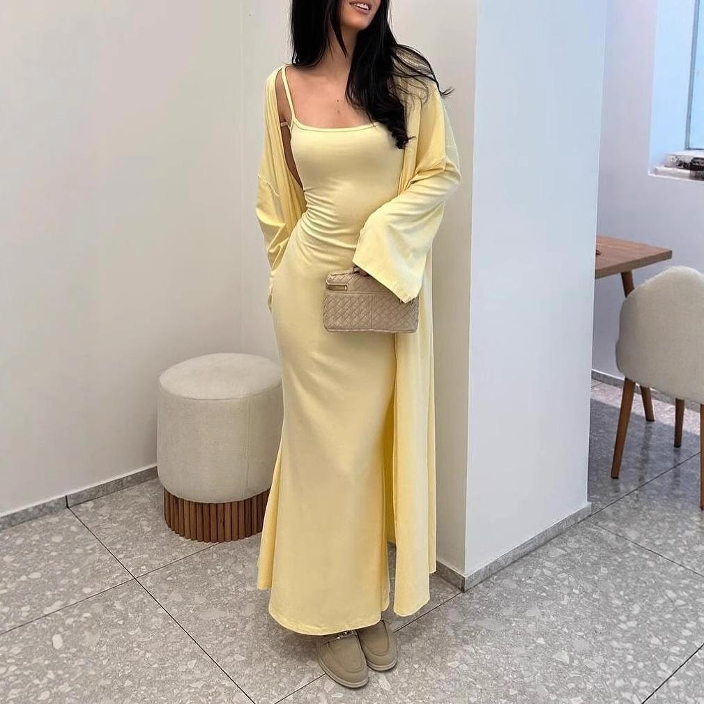 Spot new INS style fashion slim-fitting sleeveless suspender skirt solid color long coat cardigan two-piece set