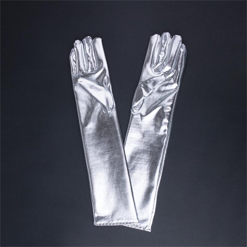 Women Faux Leather Sparkly Metallic Long Gloves for Evening Costume Party Dance