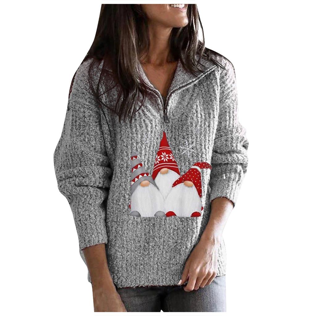 Women's Fashion Loose Warm Festive Christmas Print Zipper Long Sleeve Knitted Sweater Women's Sweater