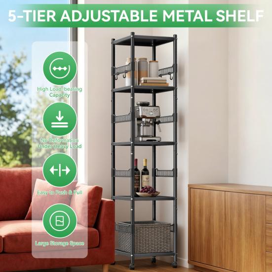 Thickened Carbon Steel Storage Rack 5-Tier Adjustable Metal Shelf with Locking Wheels, 440 lbs Capacity, Heavy Duty Layer Height Triangle Support,