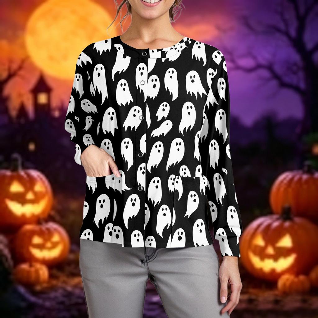 Women's Halloween Print Long-Sleeve Button-Down Cardigan, Single-Breasted Casual Top for Fall Parties and Everyday Wear, Lightweight