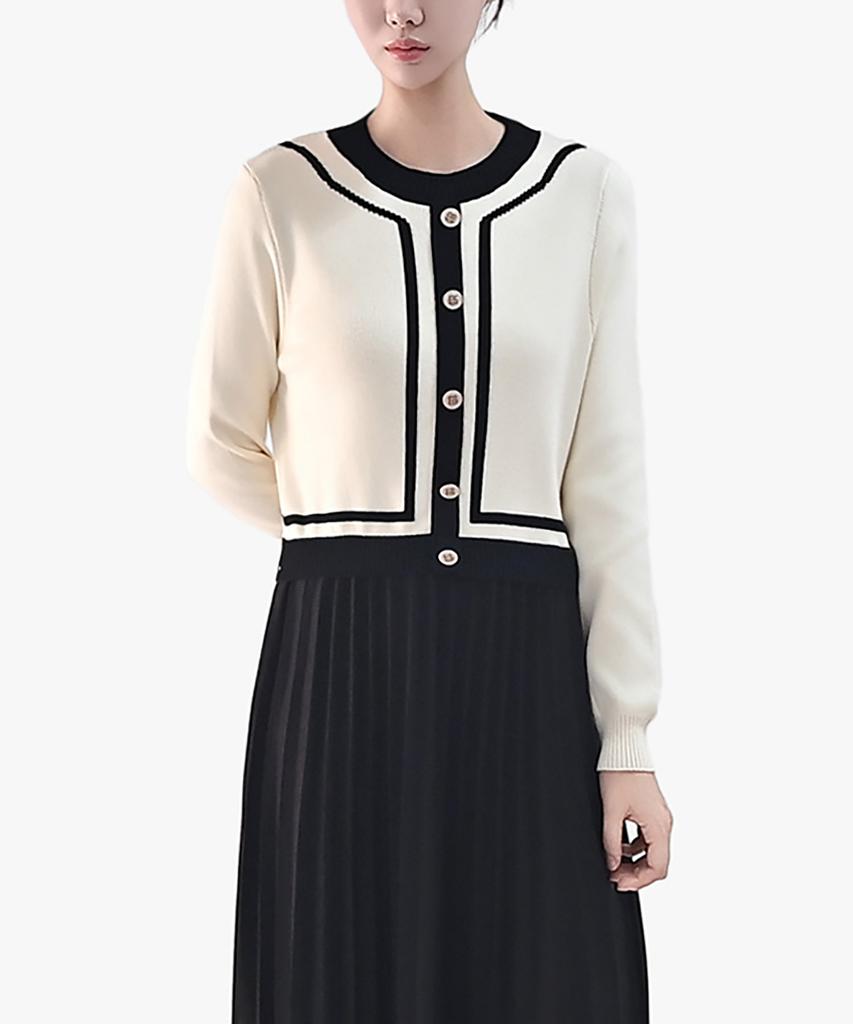 Keulleiseu Wedding Guest Look Color-Blocked Pleated Long Knit Dress_Ivory