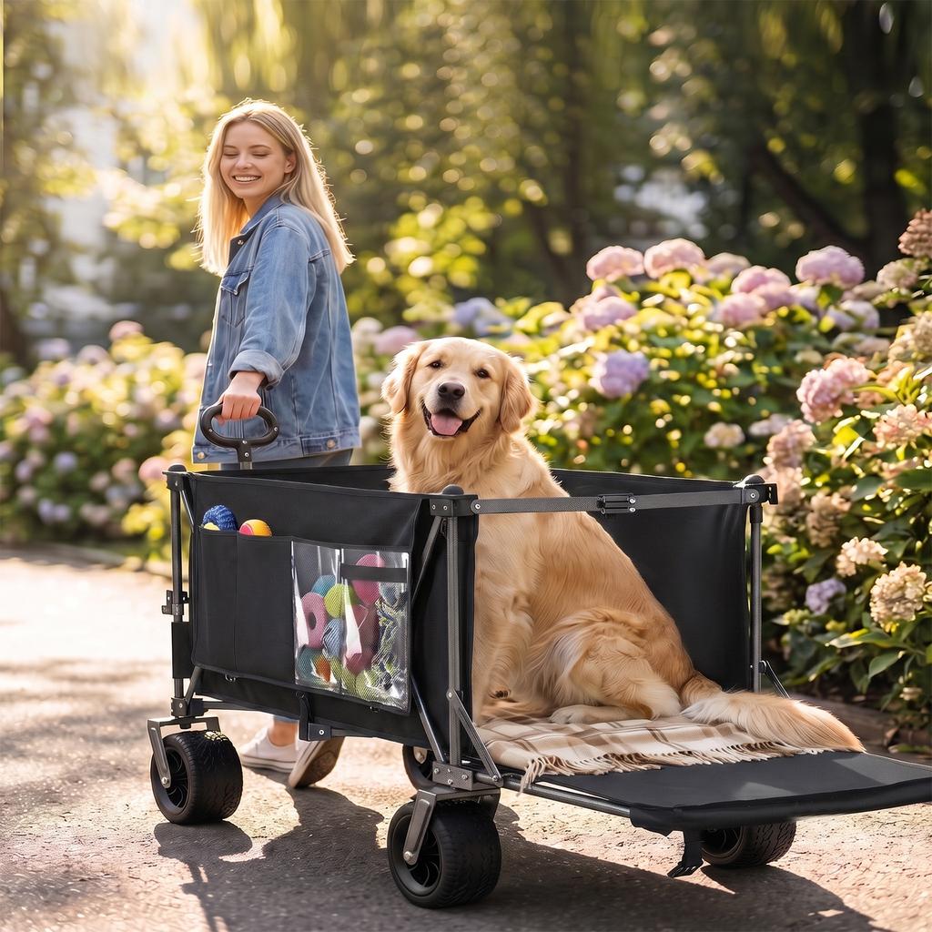 300L+120L Foldable Wagon & Tailgate, 180cm with Extra Wide 17x10 cm All-Terrain Wheels, Ideal for Garden, Shopping, Beach, and Outdoor Use (Black)