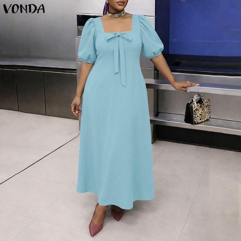 VONDA Abito Maxi Lungo Casual Elegante Estivo da Donna con Scollo Quadrato, Maniche a Sbuffo e Fiocco