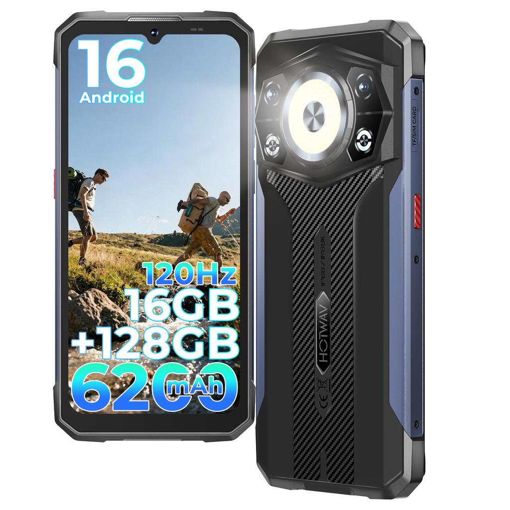 HOTWAV Cyber 17,Telefono Cellulare da Esterno,16GB(6+10)+128GB, Android 16, 6200mAh 20W, Fotocamera 48MP, Dual SIM 4G/NFC/OTG/Lanterna da Campeggio Super Luminosa