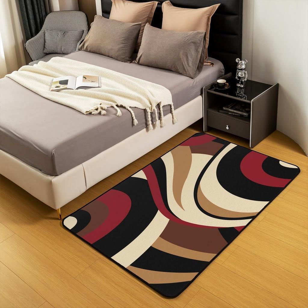 Contemporary Earthy Tone Themed Rug,Red Brown Beige Abstract Wave Non-Slip Floor Mat for Bedroom Living Room Office Decor Carpet