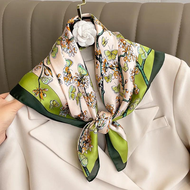 Luxus Floral Schmetterling Print Seiden Quadratisches Tuch Damen Weiches Satin Kopftuch Halstuch Stirnband Dame Foulard Dekorieren Taschentuch