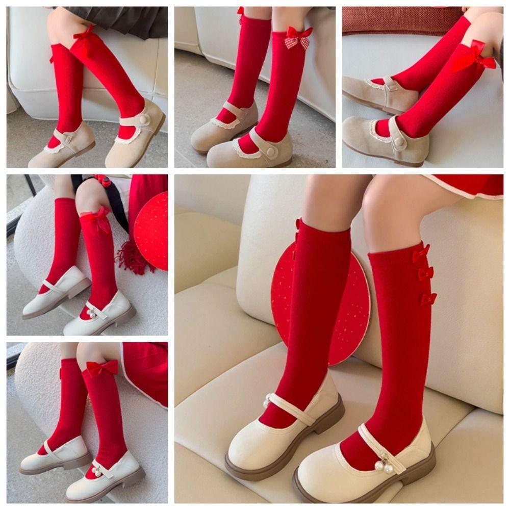 MidTube Bow Hosiery for Kids Cotton Children Long Socks Sleeping New Year Red Socks  Autumn