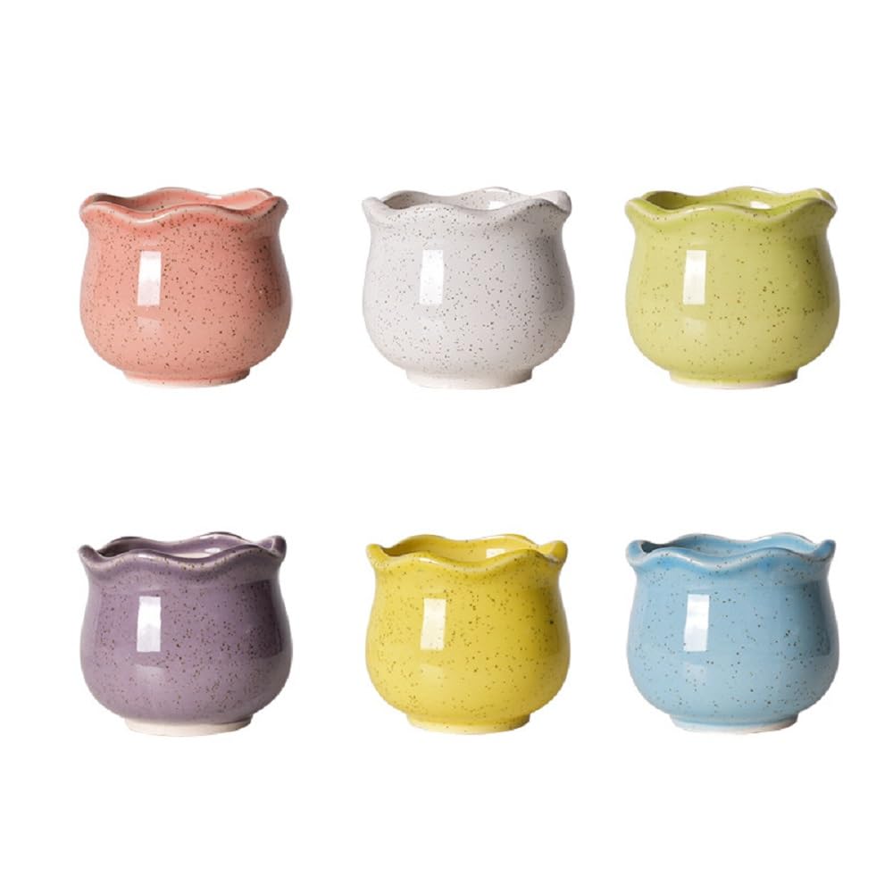 Siawadeky Cute Flower Set of Stylish Succulent Macaron Ceramic Planter Round Cactus Suitable for Mini Garden Drainage Hole Included Pots, 6, Pots,