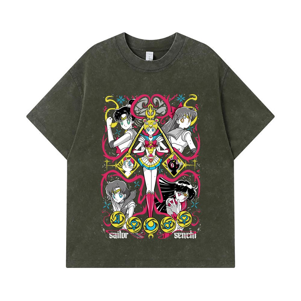 

275 GSM Washed T-shirts 100% Cotton Sailor Moon V2 Print Unisex Heavy Cotton T Shirt S армия зеленый