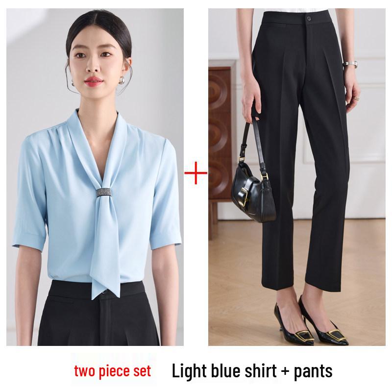 Women's Summer V-Neck Short Sleeve Professional Blouse