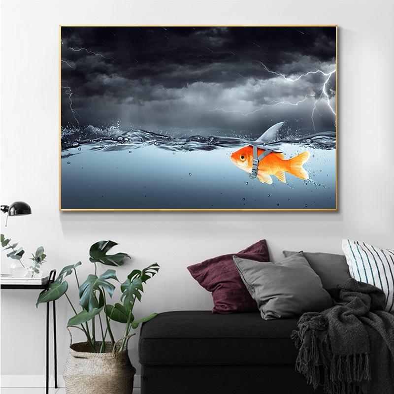 Goldfish Swimming in the Storm Canvas Painting Poster Living Room Decoration