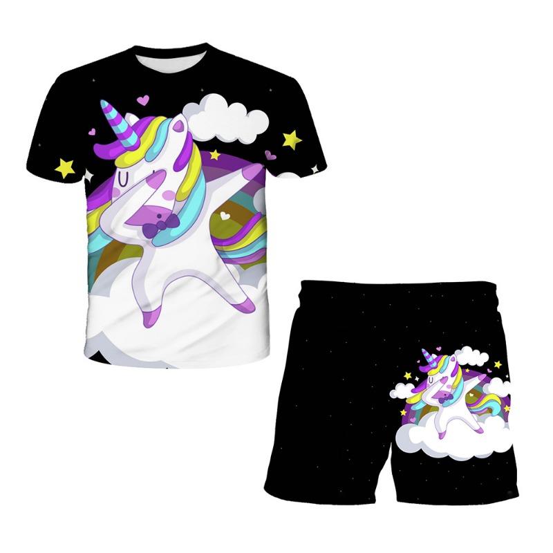 Unicorn Fashion Cute Girl Top T-shirt Short Sleeve+Shorts Two Piece Set Girls' and Children's Top Short Sleeve