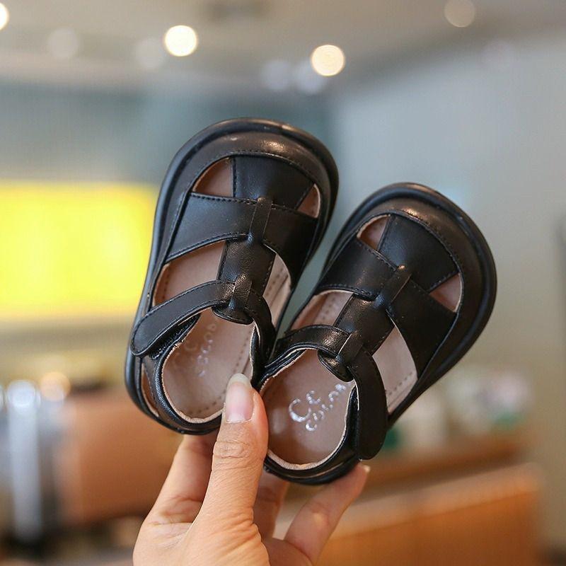 Spring/Summer Baby Walker Non-slip Soft Sole Sandals - Anti-kick, Closed Toe, Stylish Leather Shoes for Kids 16 чёрный