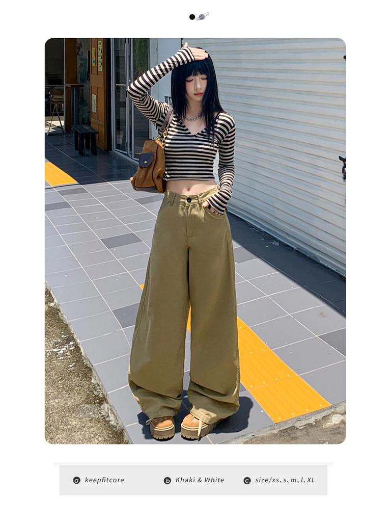 Autumn 2025 Khaki High-Waist Loose Straight-Leg Women's Jeans - Casual, Slimming, Fashionable Wide-Leg Pants