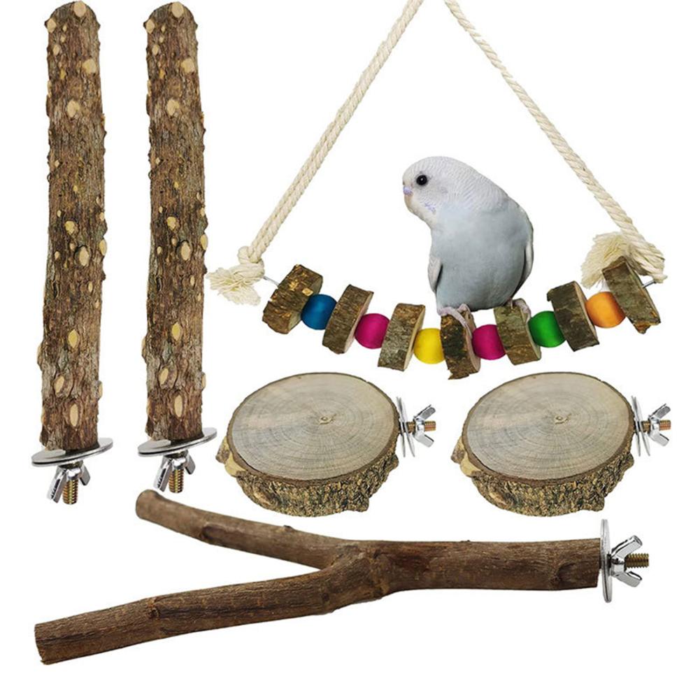 

6 шт. подставка для попугаев с трапецией, 2 жердочки для попугаев и круглые платформы, подставка для птиц из натурального дерева для маленьких волнистых попугайчиков