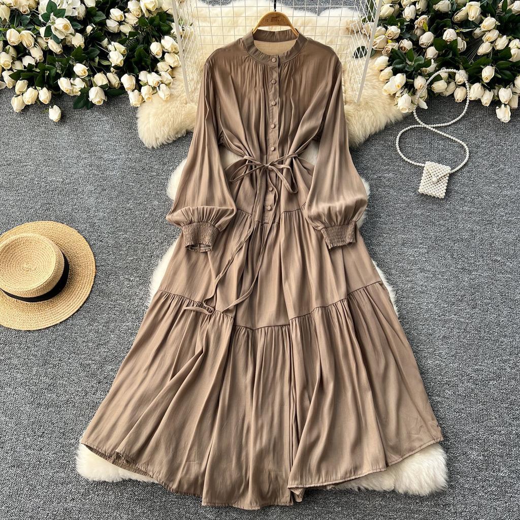 French retro elegant dress women's design sense single-breasted buckle loose waist straps show thin temperament knee-length dress