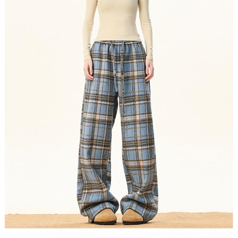 Men Women Winter Warm Fleece Lined Plaid Casual Pants Elastic Waist Drawstring Straight Leg Wide Trousers