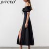 BITCED Spring/Summer Long Dress Women's Commuter Puff Sleeve Tie-Waist Slit Dress