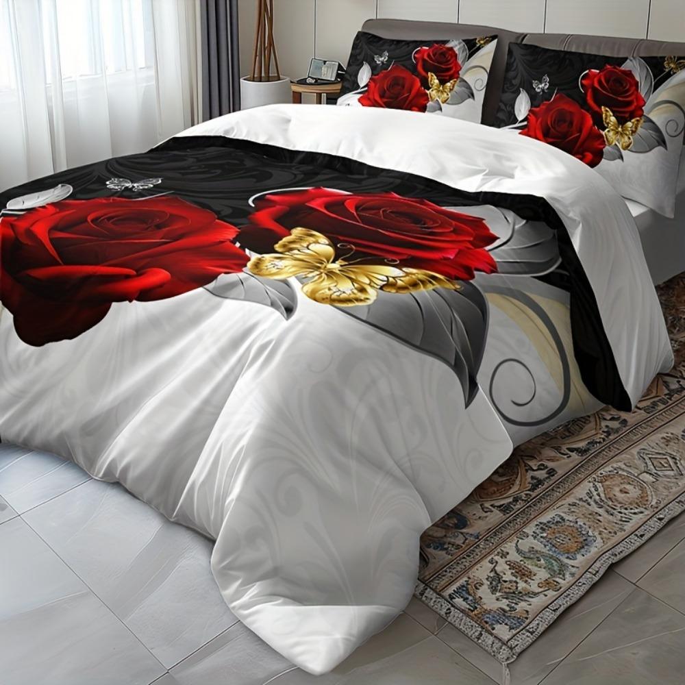 3pcs Bedding Set Golden Butterfly Romantic Rose Print Cozy Duvet Cover King Queen Twin Single Size Birthday Gift Bedroom Decor