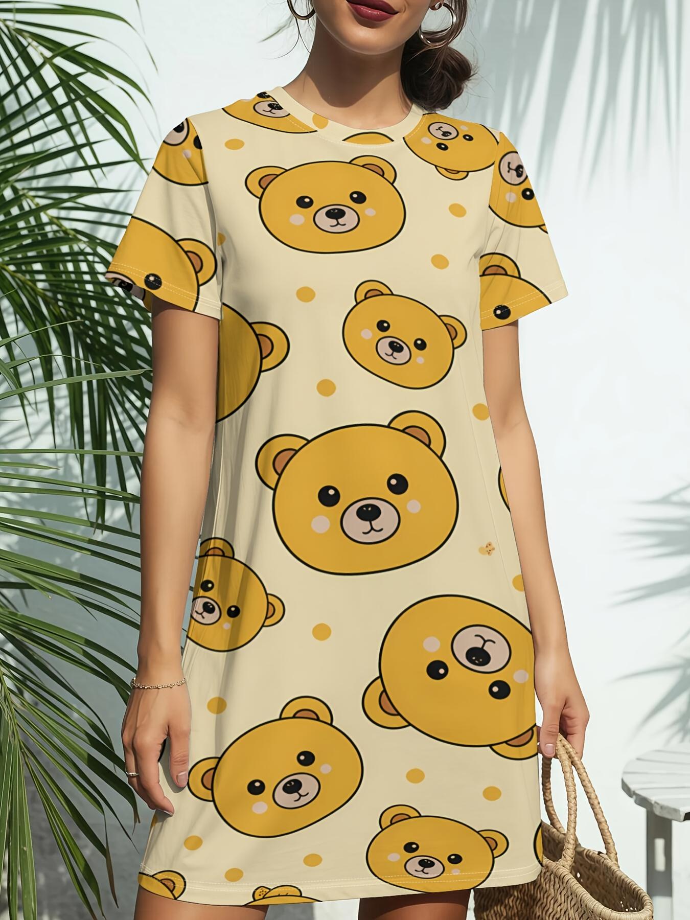 

Women s Short-Sleeve T-Shirt Dress with Round Neck - Teddy Bear Hugs ; Bear-Themed Digital Print. Casual -Line Dress Suitable for Spring Summer Outfit 7XL дубильна кора