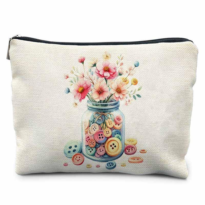 Creative Sewing Theme Print Makeup Bag Polyester Zipper Pouch Button Yarn Cat Pattern Organizer for Travel Daily Use 21.5x15cm