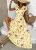 European and American summer V-neck long dress, flower printed small flying sleeves waist A-shaped dress