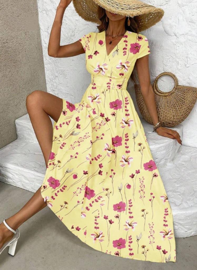 European and American summer V-neck long dress, flower printed small flying sleeves waist A-shaped dress