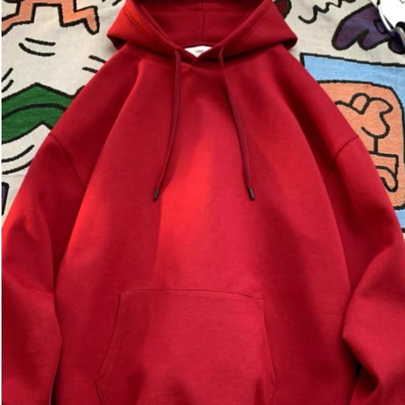 Hong Kong Style Men's Oversized Hooded Fleece Sweatshirt - Autumn/Winter Solid Color Pullover