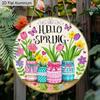 2D Flat Aluminum Hello Spring Door Sign for Front Door, Round Hanging Plaque with Mason Jar & Tulip Flower Design, Rustic Farmhouse Porch Wall Decor