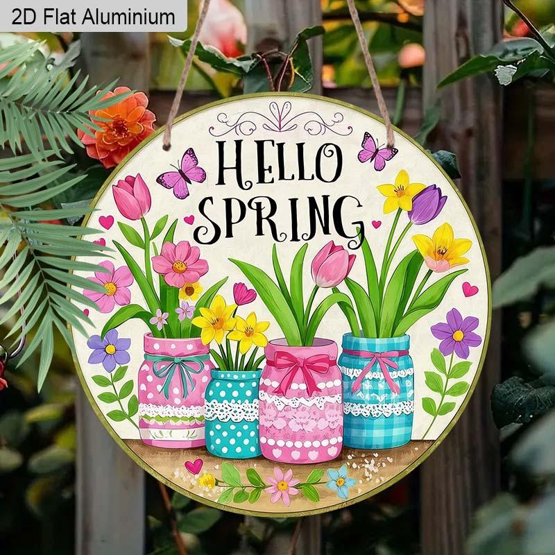 2D Flat Aluminum Hello Spring Door Sign for Front Door, Round Hanging Plaque with Mason Jar & Tulip Flower Design, Rustic Farmhouse Porch Wall Decor