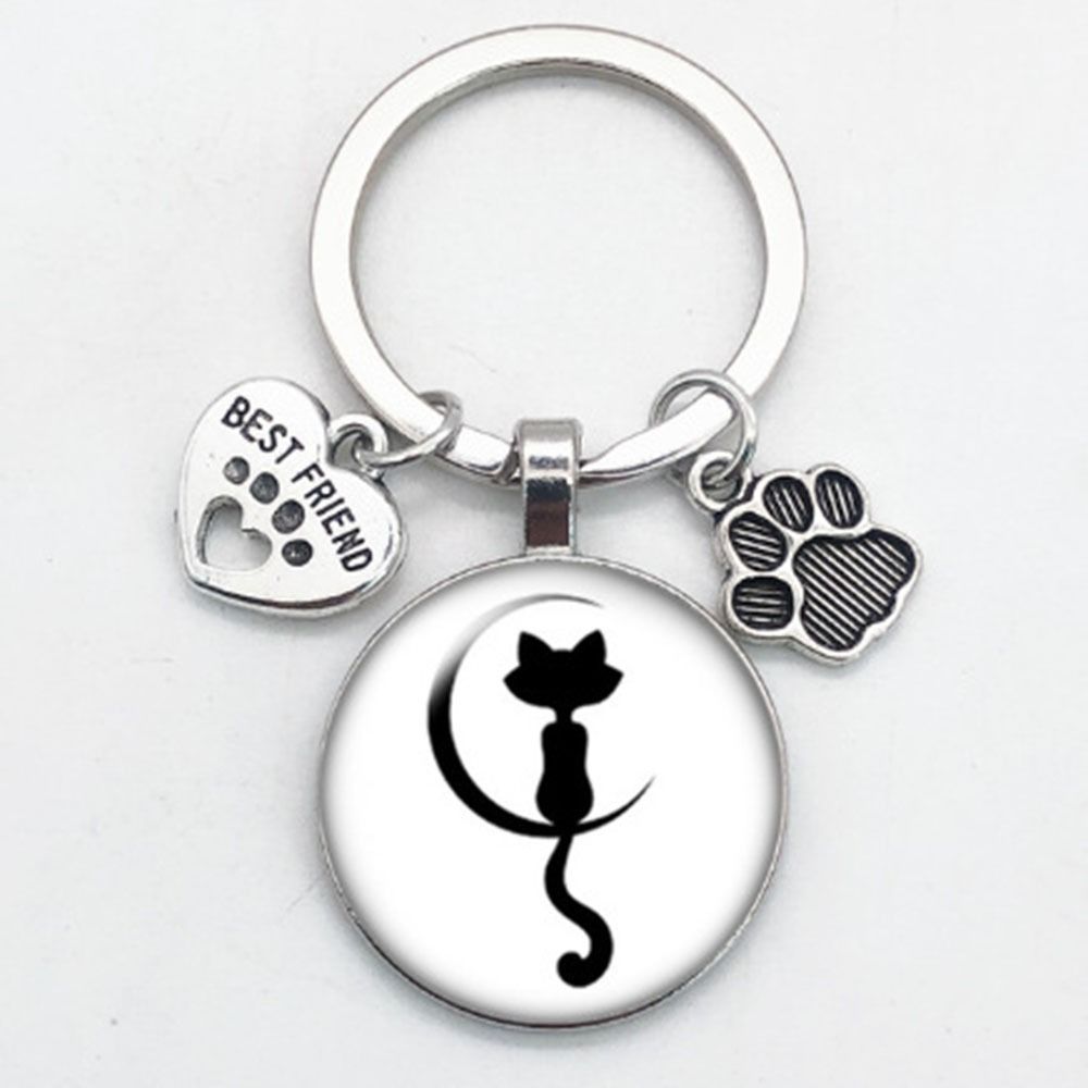Love Cat Pet Footprints Car Key Chain Cartoon Key Holder Fashion Glass Cabochon Key Ring  Men Women