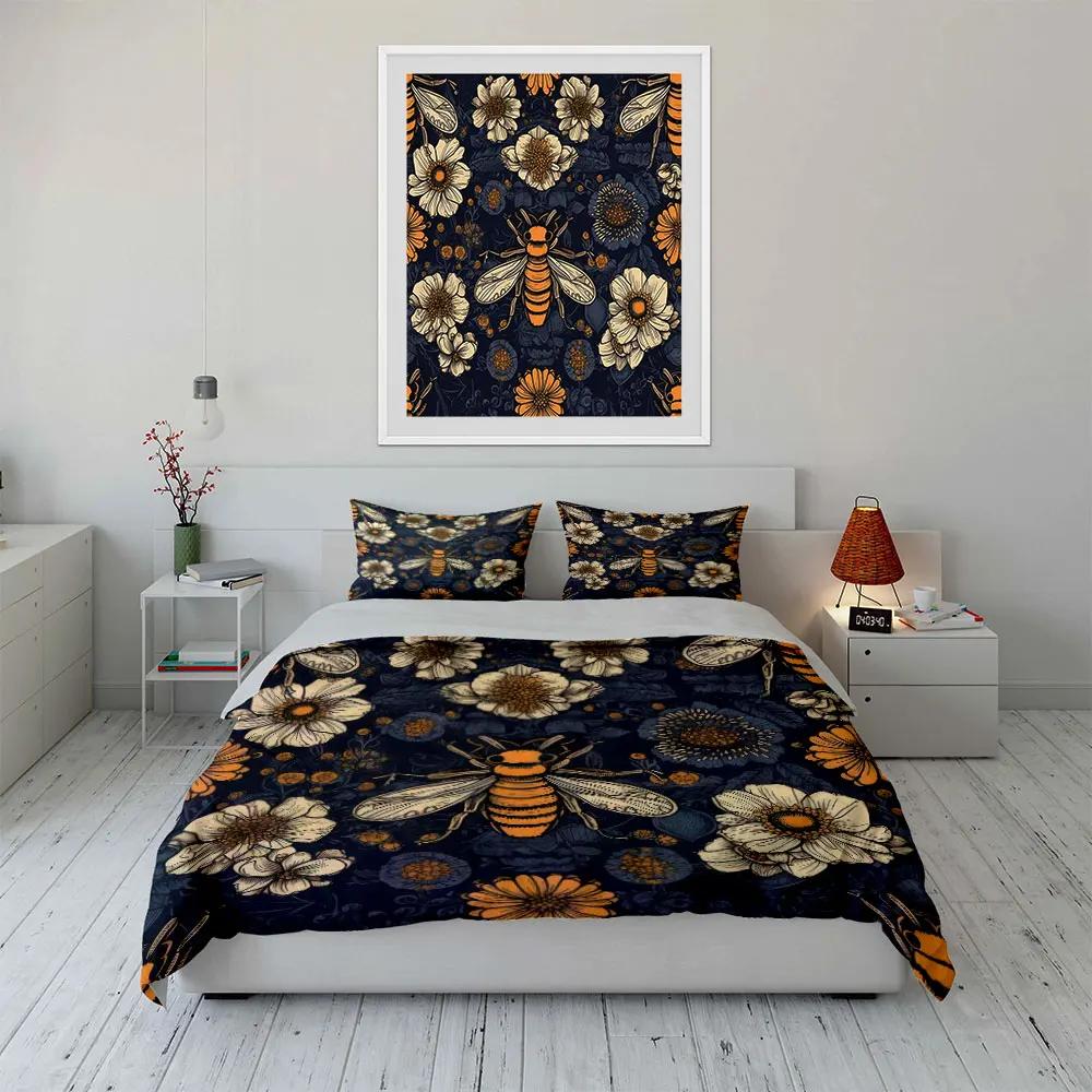 Bee and Floral Home Decor Set Soft Comfortable Duvet Cover Bedding Set Included 1*Duvet Cover & 2*Pillowcases Gift