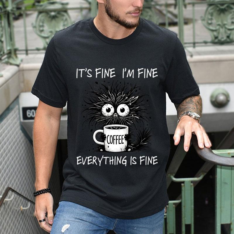 Mir geht es gut, ich bin in Ordnung, alles ist in Ordnung, lustige schwarze Katze, Herrenbekleidung, Vintage-T-Shirt, kurzärmelige Oberteile, Sommer-Modebekleidung