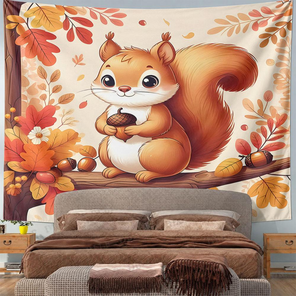 Cute Squirrel Holding Acorn In Autumn Scene Pattern Wall Hanging Tapestry Decorative Tapestry Home Decor for Bedroom and Living Room