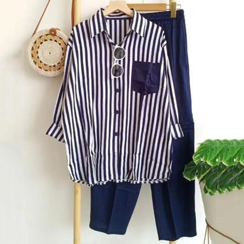 2Pcs/Set Women Outfit Shirt Pants Set Casual Elastic Waist Breathable Stripes Blouse Pants Suits Spring Summer Women Set