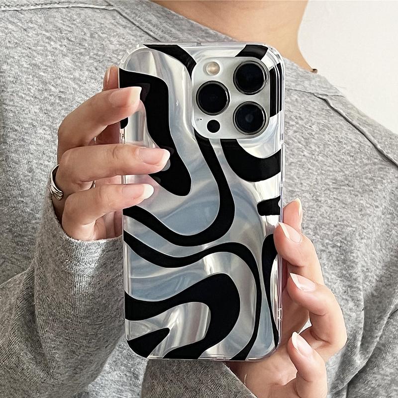 Fashion Silk Pattern Silver Black Irregular Lines Phone Cover Case For iPhone 16 Pro Max 15 14 13