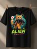 Cartoon Alien Cat With Orange Kitten Holding Xenomorph Bright Green Alien Text Heart Bubble Paw Unisex All TShirt