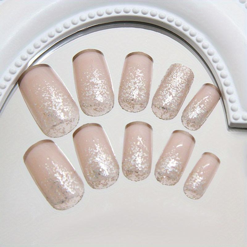 24 Pieces of French Style Short Square Press Nail Patch, Nude Color Short Fake Nails, Medium and Long Nail Glitter Wearing Nail