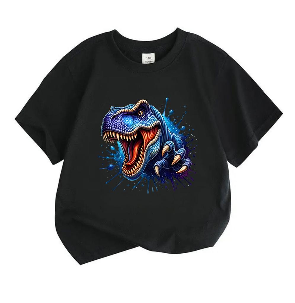 Kids Boys Girls 100% Cotton Crew Neck Short Sleeve T-Shirt, Cool Blue T-Rex Dinosaur Print Casual Soft Breathable Tee for Daily Play Outdoor Wear