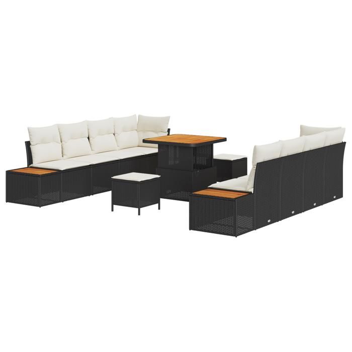 Ensemble de Canapés de Jardin de 11 Pièces avec Coussins Noir Poly Rotin Acacia, Ensemble de Salle à Manger de Jardin 3 3362885