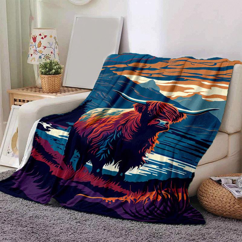 1pc Highland Cow Printing Lightweight Flannel Blanket, Comfortable and Warm Blanket, for Camping Sofa Bed and Couch Office, in All Seasons